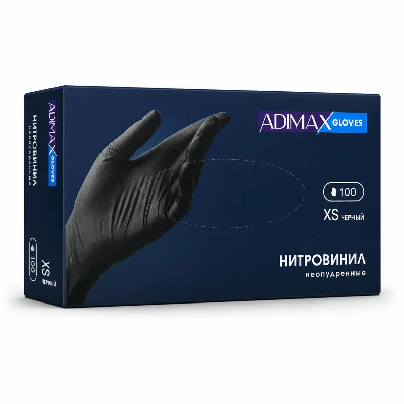 Нитровинил перчатки ADIMAX, размер М, черные (100шт/уп)